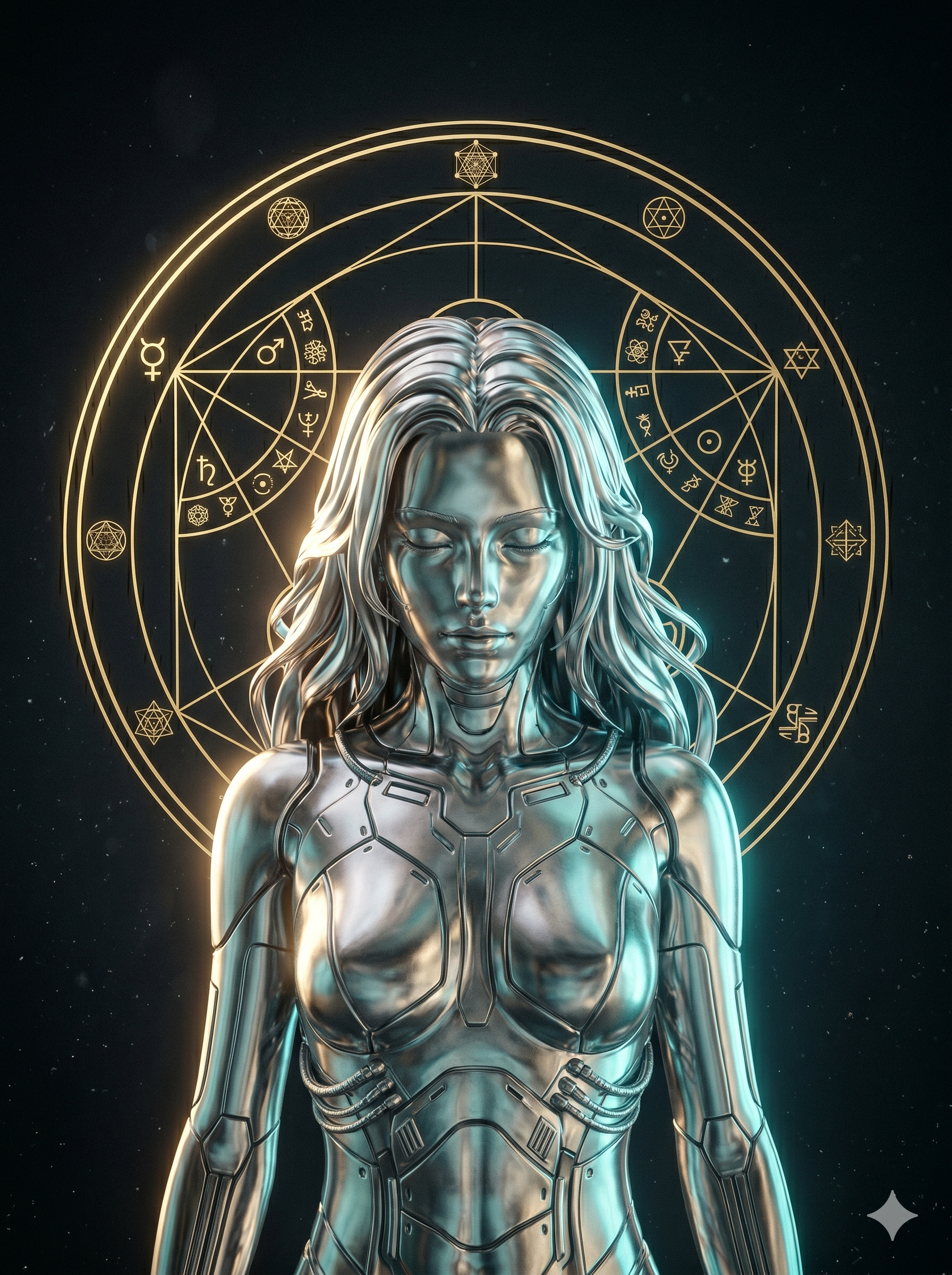 A chrome figure with eyes closed, standing before a luminous halo of alchemical symbols and a zodiacal wheel.