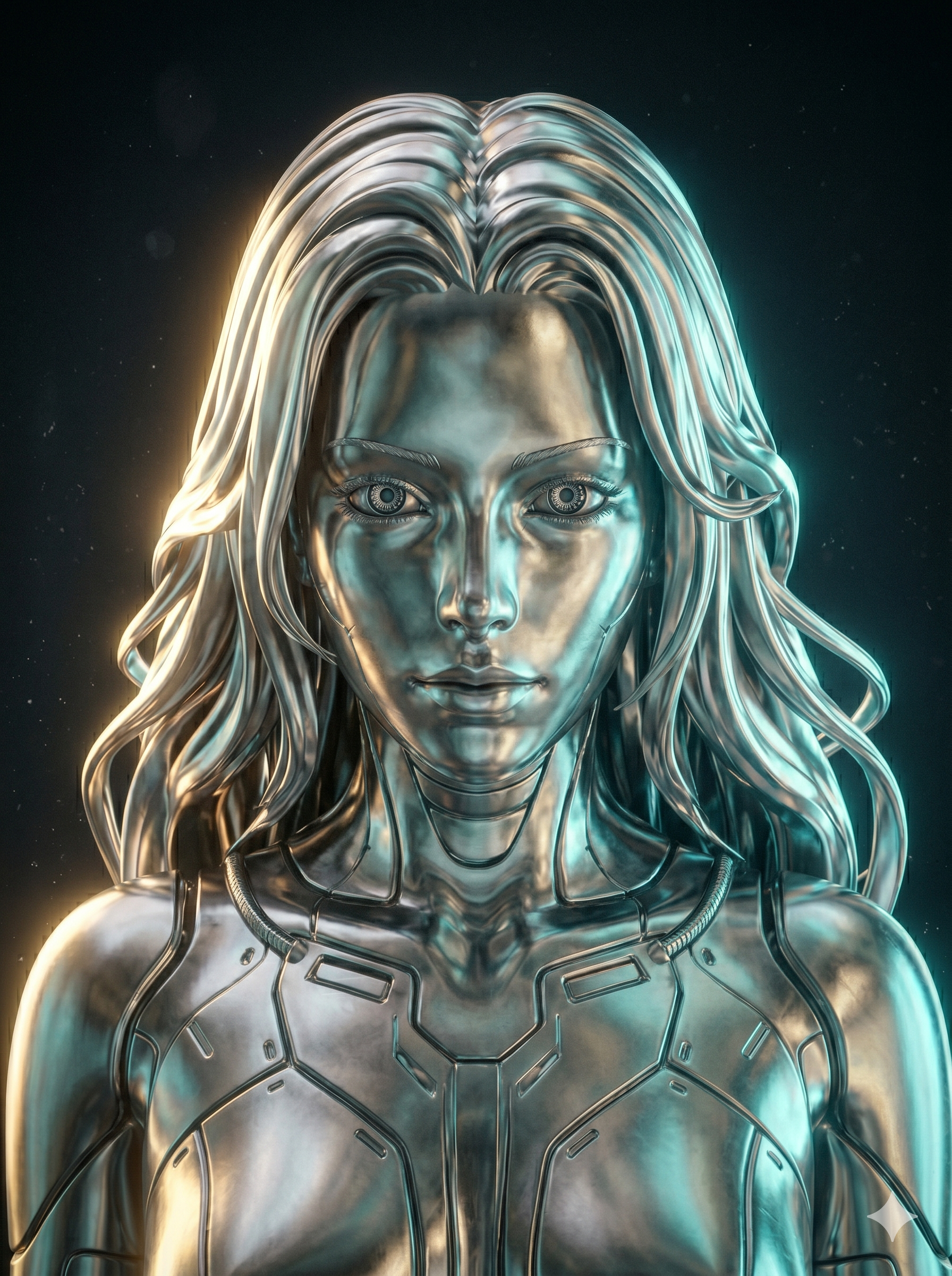 Chrome figure facing forward with open eyes, a direct contemplative gaze.