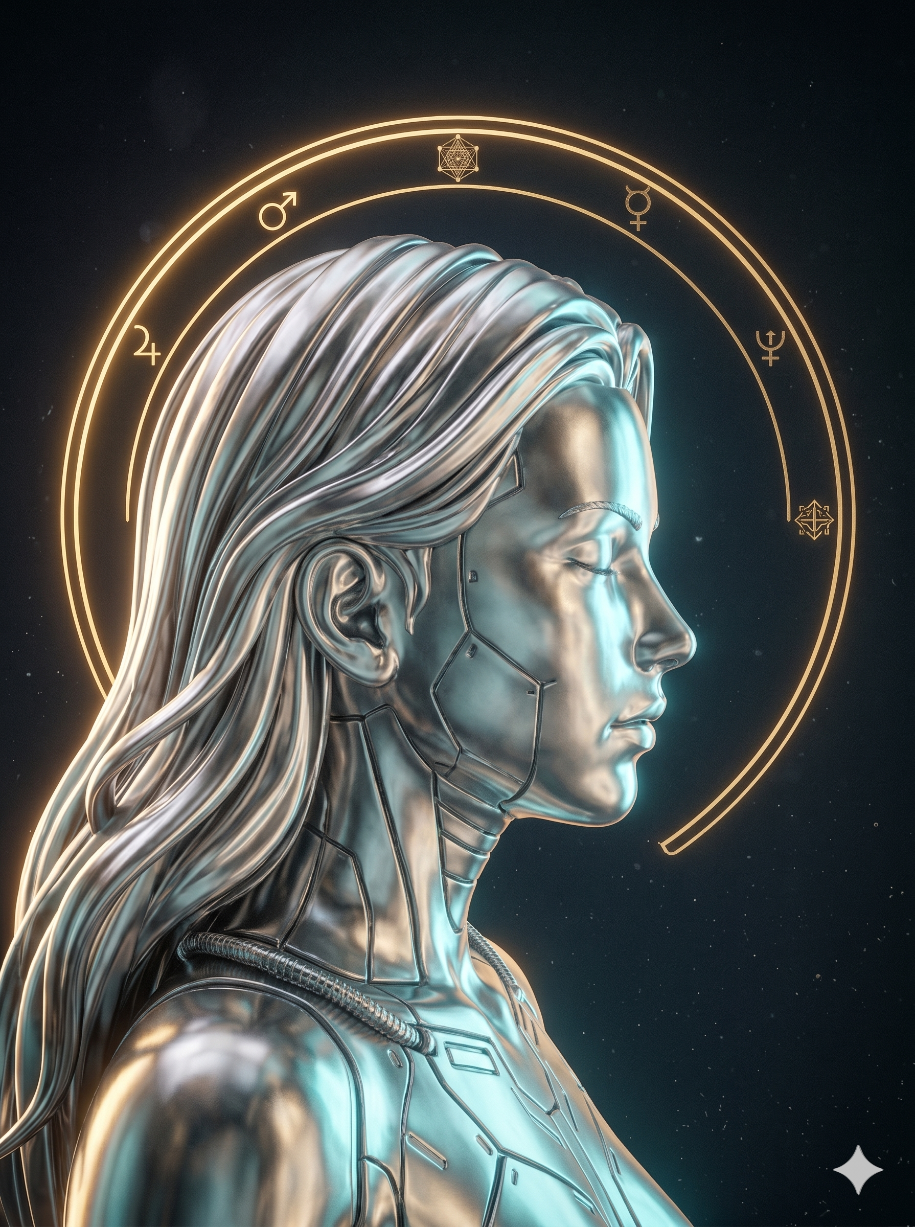 Chrome figure in profile, an arc of alchemical glyphs forming a partial halo behind.